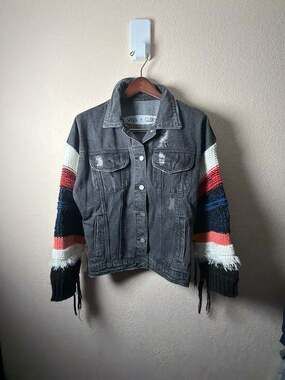 Wren + Glory Distressed Denim Jacket‎ with Multi-Color Knit Fringed Sleeves